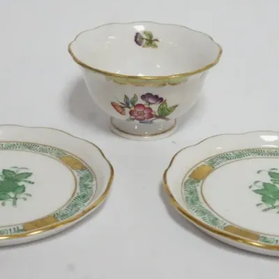 Sale Photo Thumbnail #32: 1032	HAND PAINTED HEREND BUTTER PATS & HEREND OPEN BOWL, APPROXIMATELY 3 IN X 2 IN HIGH																																																																																																																																																																								