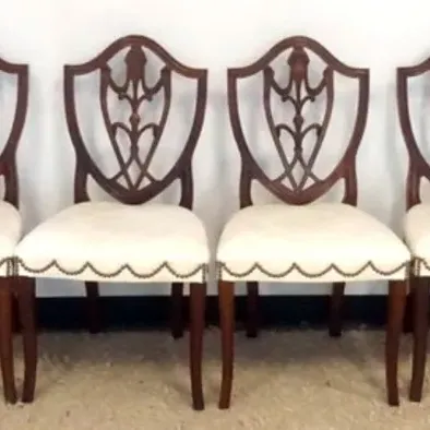 Sale Photo Thumbnail #188: 1187	HICKORY CHAIR SET OF 6 CHIPPENDALE STYLE CHAIRS W/CARVED OPEN BACKS, UPHOLSTERED SEATS & BRASS TACK ACCENTS, 2 ARM, 4 SIDE																																																																																																																																