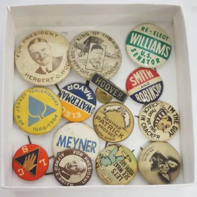 Sale Photo Thumbnail #59: 1059	GROUP OF VINTAGE POLITICAL & RELATED BUTTONS, HOOVER, ALFRED E SMITH, LINDBERG, ETC																																																																																																																																																																							