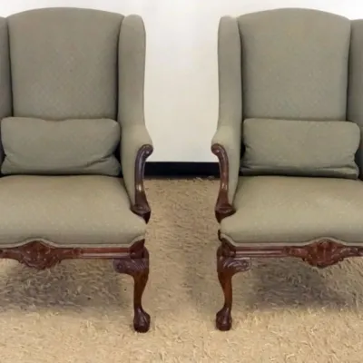 Sale Photo Thumbnail #194: 1193	NICE PAIR OF SHERRILL AMERICAN INTERIORS COLLECTION UPHOLSTERED ARMCHAIRS W/CARVED BALL & CLAW FEET, EACH APPROXIMATELY 30 IN X 30 IN X 42 IN HIGH																																																																																																								