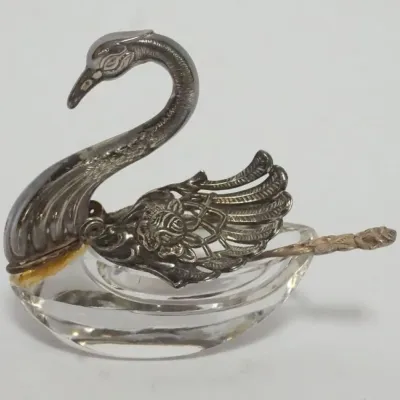 Sale Photo Thumbnail #13: 1013	STERLING SILVER & CRYSTAL SWAN SALT W/STERLING SPOON, APPROXIMATELY 3 IN HIGH																																																																																																																																																																													