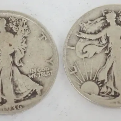 Sale Photo Thumbnail #96: 1096	2 WALKING LIBERTY HALF DOLLARS																																																																																																																																																																																																																												