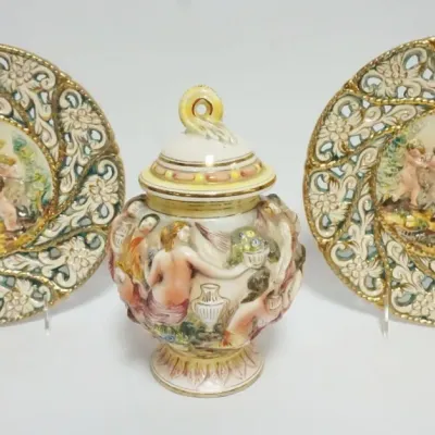 Sale Photo Thumbnail #25: 1025	CAPODIMONTE 10 IN PLATES & COVERED JAR																																																																																																																																																																																																																				