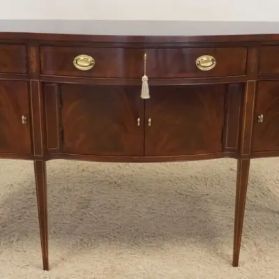 Sale Photo Thumbnail #189: 1188	HICKORY CHAIR HISTORIC JAMES RIVER PLANTATION COLLECTION BANDED & INLAID MAHOGANY FEDERAL STYLE SIDEBOARD W/3 DRAWERS & 4 DOORS, APPROXIMATELY 68 IN X 23 IN X 41 IN HIGH																																																																																	