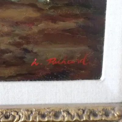 Close-up detail of an oil painting featuring artist signature 'L. Richard' in red script in the lower corner. The piece is set...