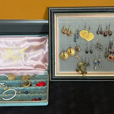 Large Vintage Earring Collection w/ Framed Mesh Display Stand & Light Blue Travel Jewelry Case