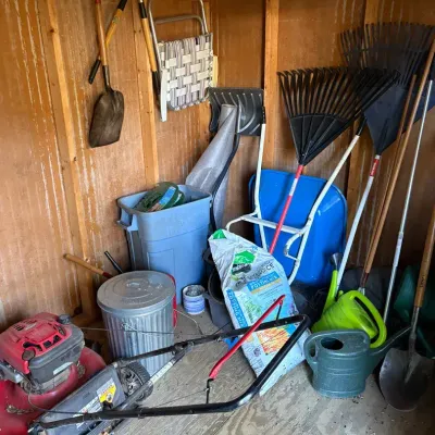 Troy-Bilt Gas Lawn Mower, Garden Tools, Trash Cans & Shed Supplies Lot