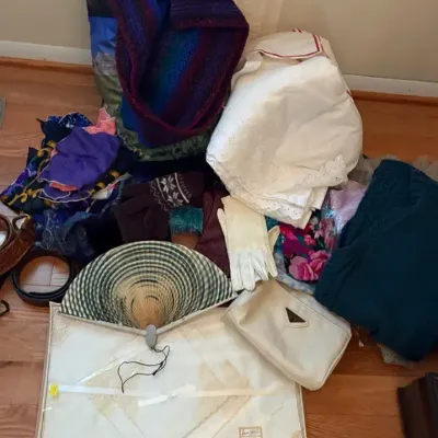 Vintage Fashion Accessories & Linens Lot - Scarves, Belts, Gloves, Fan & Mat Set