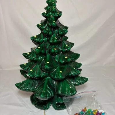 Vintage Green Glazed Ceramic Light-Up Christmas Tree w/ Wind-Up Music Box Base