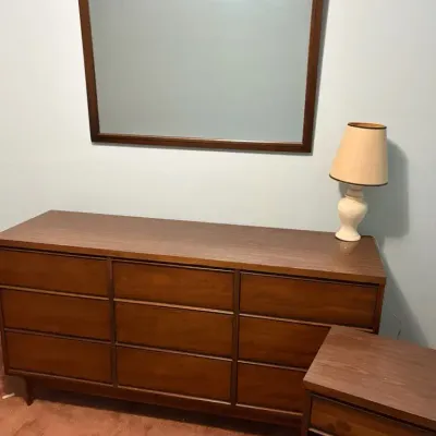 Mid-Century Modern Broyhill Walnut Bedroom Set: Triple Dresser, Wall Mirror & Nightstand