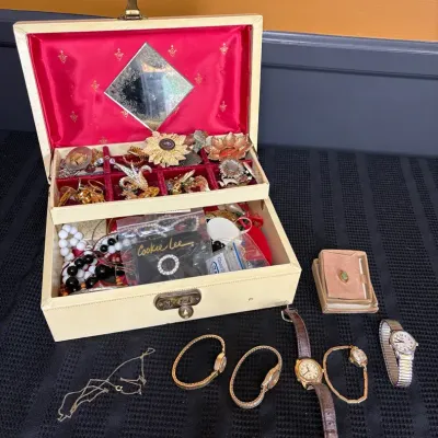 Vintage Jewelry Box Lot - Monet Brooch, 12K Gold Filled Chain, Watches & Costume Jewelry