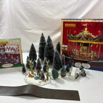 Lemax Sights & Sounds Carousel, Marching Band Set & Village Tree Accessories Lot