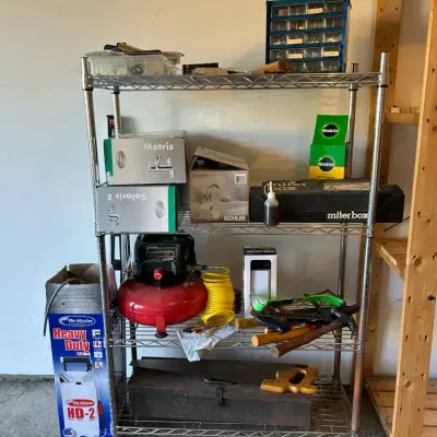 Metal Shelf With Garage Tools 