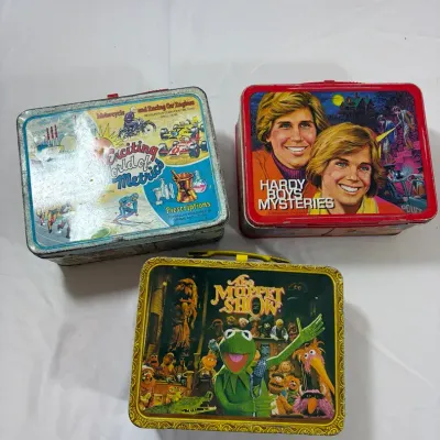 1970s Vintage Metal Thermos Lunch Boxes: Muppet Show, Hardy Boys, Exciting World of Metrics