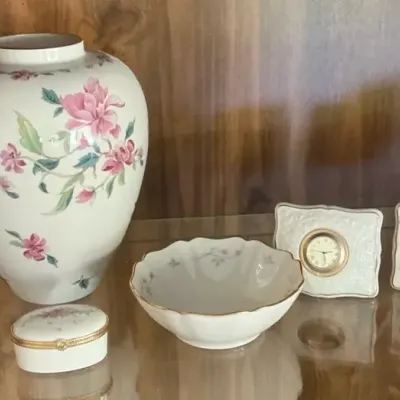 Floral Lenox Vases, Clocks, Trinket Box, & Bowl