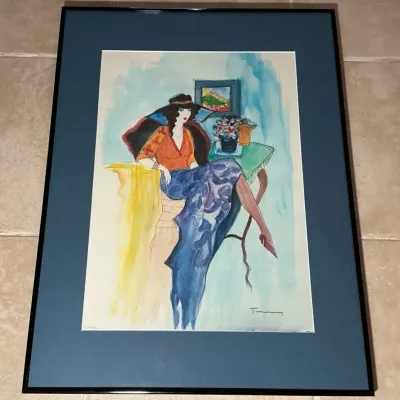 Itzchak Tarkay Women in a Cafe Watercolor Print (18 x 14)
