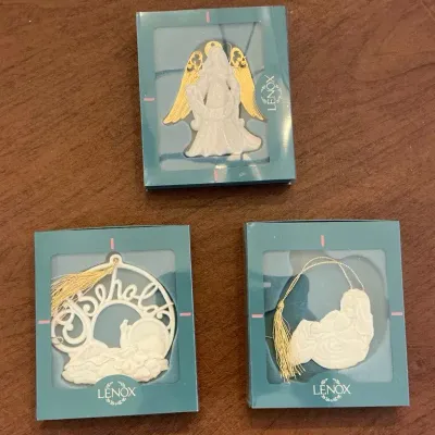 Lenox Mother & Child, Gold Angel, & Silent Night Ornaments