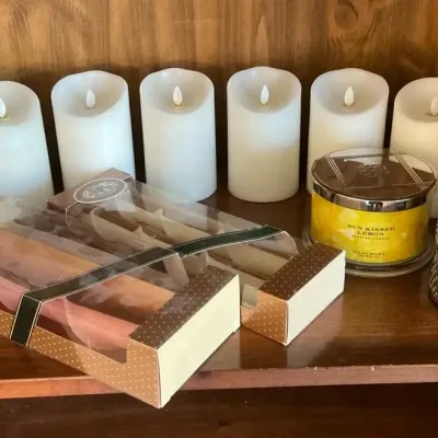 Slatkin Sun Kissed Lemon, White Barn Iced Vanilla Woods, Beeswax Tapers, & Luminara Flameless Candle