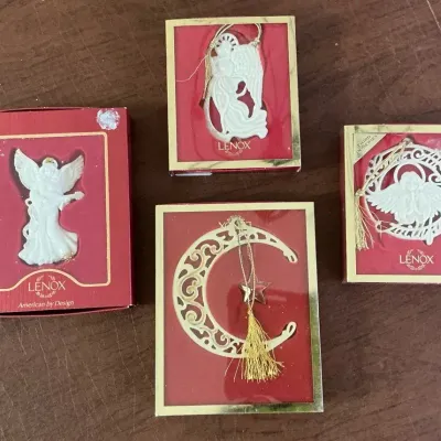 Lenox Angel with Medallion, Filagree Moon, Angel of Peace, O Come Ye Ornaments