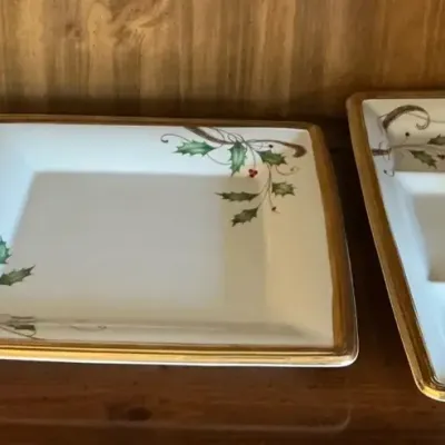 Lenox Holiday Nouveau Serving Plates, Christmas Angel Figure, & Snowman Trinket Box