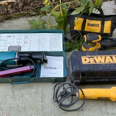 DeWalt Orbital Palm Sander, DeWalt 4 1/2” Angle Grinder, And Makita Recipro Saw