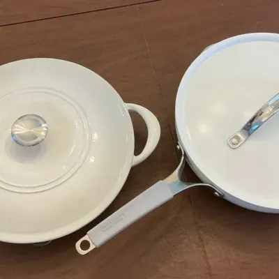 White Enameled Cast Iron 12" Lidded Dish, Tramontina 5qt Steamer Skillet