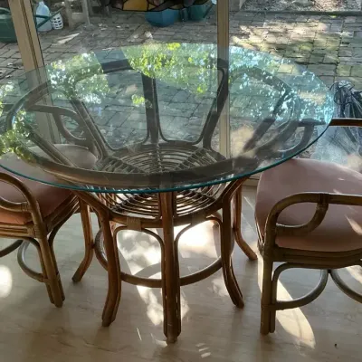 Rattan Patio Dining Table with Glass Top & 2 Chairs