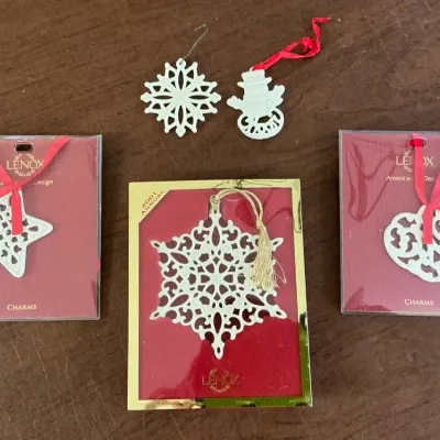 Lenox 2001 Snow Fantasies Ornament, Pierced Heart Charms, Snowflake & Snowman Charms