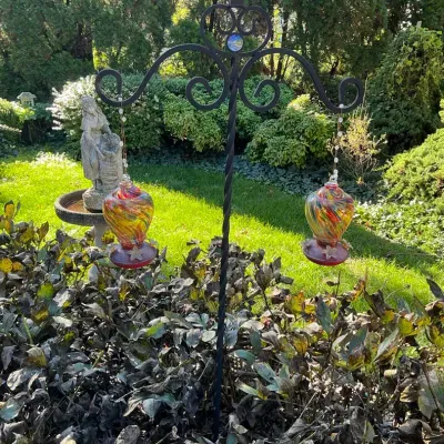 Iron Shepard Hook With Two Blown Glass, Hummingbird Feeders