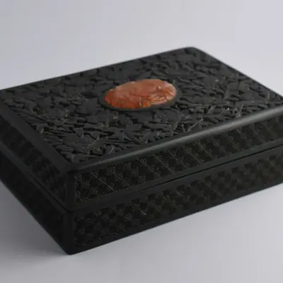 Antique Chinese Lacquered Carved Carnelian Export Box