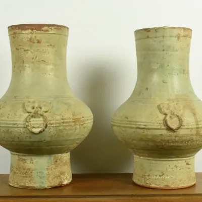 Ancient Chinese Han Dynasty Green Glazed Terracotta Hu Vases