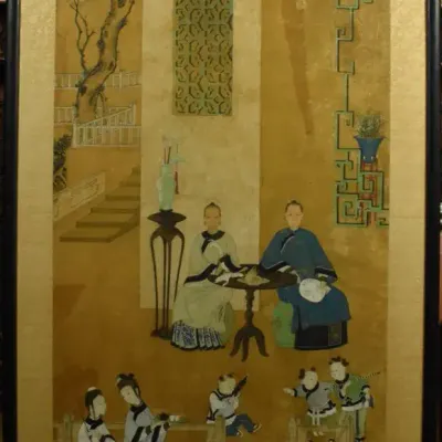 Large Antique Chinese Original Framed Room Scene Painting