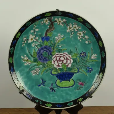 Large Japanese Antique Glazed Floral Porcelain Platter