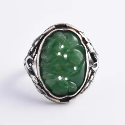 Antique Chinese Carved Green Jade Ornate Sterling Silver Ring
