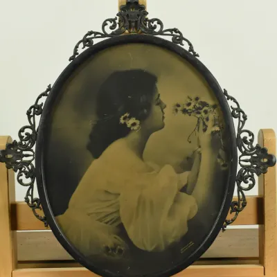 Antique Gothic Metal Framed Girl w/ Flowers Photographic Print 