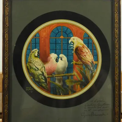 Cyrus Biscardi, Signed Antique Art Deco Framed Embellished Parrot Print 
