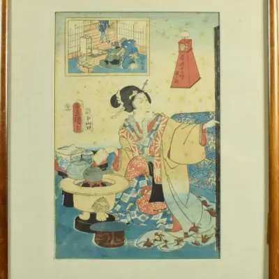 Utagawa Kunisada, Antique Japanese Woman Enjoying Tea Framed Woodblock Print