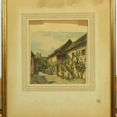 Antique European Framed Colored Etching of Beethoven's House