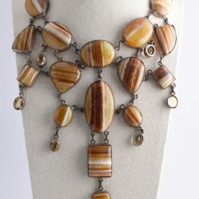 Heavy Onyx & Citrine Sterling Silver Drop Statement Necklace