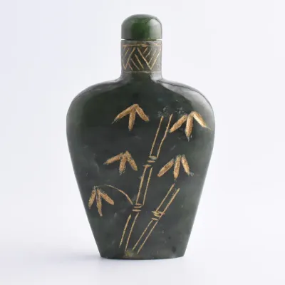 Vintage / Antique Gilt Green Jadeite Bamboo Leaf Snuff Bottle