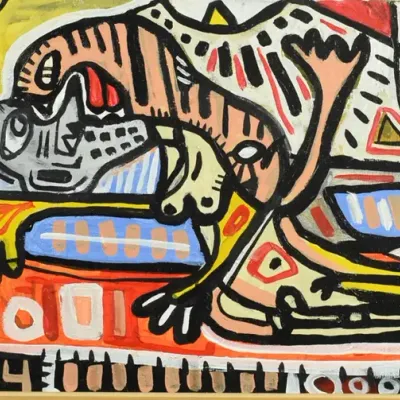Vintage Abstract Outsider Expressionist Erotic Scene Original Painting