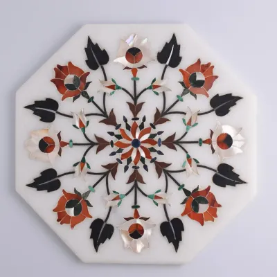 Vintage Indian Marble Pietra Dura Mother Of Pearl Inlaid Trivet