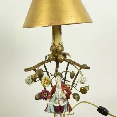 Vintage German Figurative Brass Lamp w/ Porcelain Flowers
