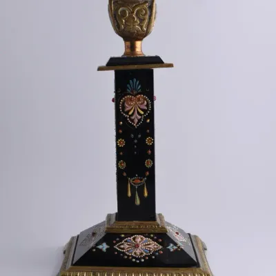 Antique Continental Brass Enamel Candle Holder, 19th Century