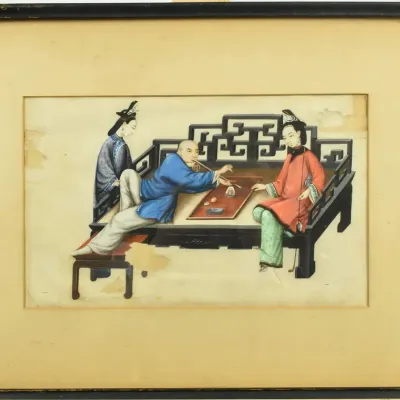 Antique Chinese Export Trade Opium Smoking Framed Pith Painting