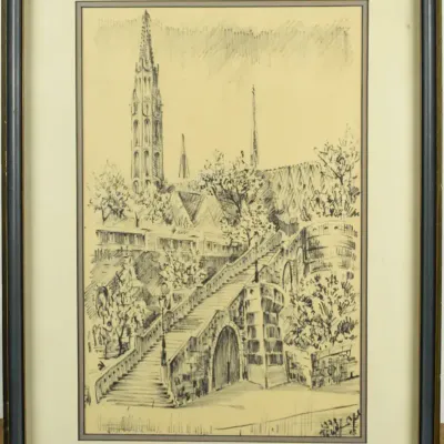Vintage Signed Architectural Framed Original Ink Drawing