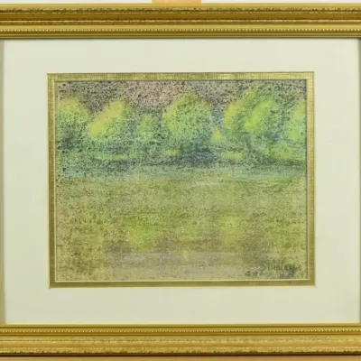 Signed Vintage Abstract Pointillist Pastel Framed Landscape Painting