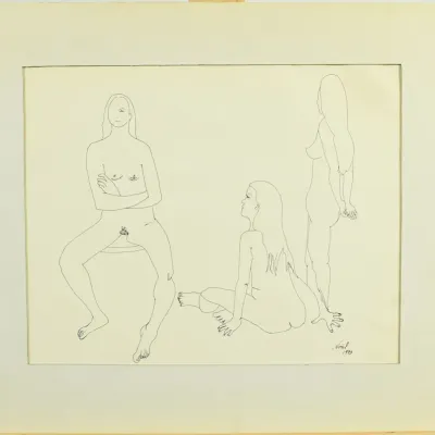 Vintage Signed Nudist Contour Original Ink Drawing