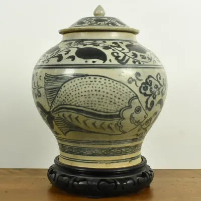Antique Southeast Asian Covered Ceramic Fish Jar
