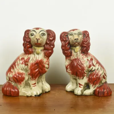 Antique Victorian Staffordshire King Charles Spaniel Ceramic Dog Figures